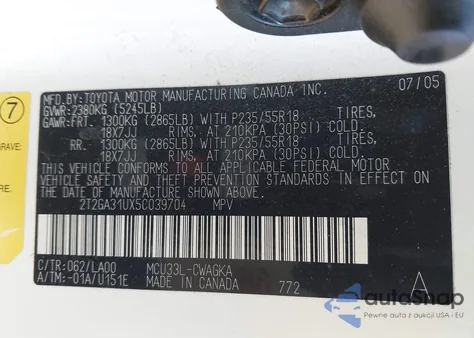 2005 Lexus Rx 330 z USA, uszkodzony, nr VIN 2T2GA31UX5C039704